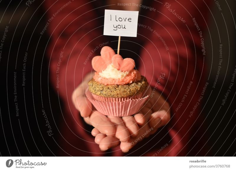 Liebeserklärung mit Muffin | dynamisch Ich liebe dich Herz Frau Valentinstag Hände rot rosa stoppen Text Wörter 14. Februar Verliebtheit Romantik Gefühle