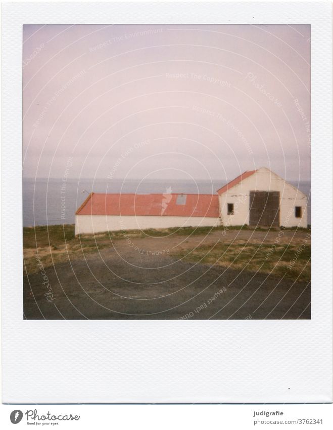 Polaroid eines isländischen Hauses Island Landschaft wohnen Einsamkeit Gebäude Außenaufnahme Menschenleer Farbfoto Hütte Wiese Fjord Scheune Stall Tor Dach