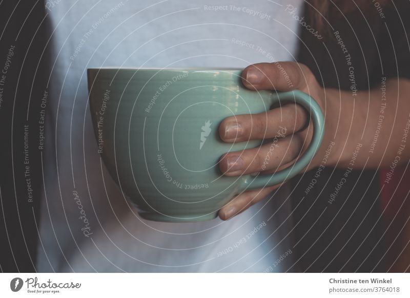 Teebecher oder Kaffeebecher gehalten von der Hand einer jungen Frau. Nahaufnahme mit natürlichem Fensterlicht Teetasse Heißgetränk Kaffeetasse haltend