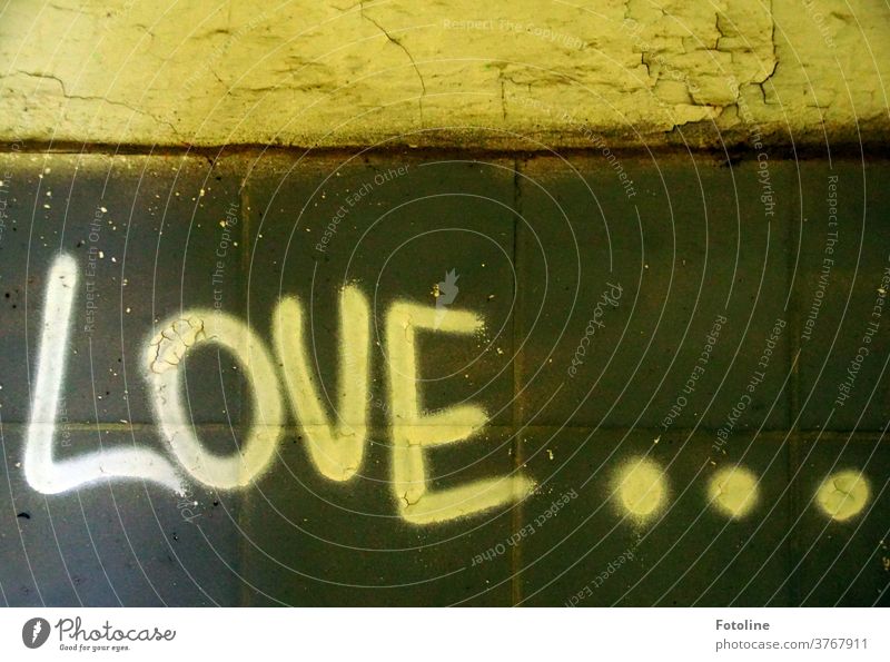Love... - oder der Schriftzug Love an einer Wand in einem Lost Place Liebe Schriftzeichen geschrieben Buchstaben Punkte Verfall lost places Farbfoto