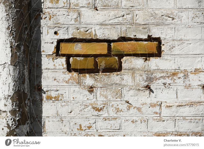 Flickwerk | reparierte Mauer Mauersteine mauerwerk Regenrinne abblättern abblätternd abgeblätterte Farbe Wand alt Außenaufnahme Vergänglichkeit kaputt Tag