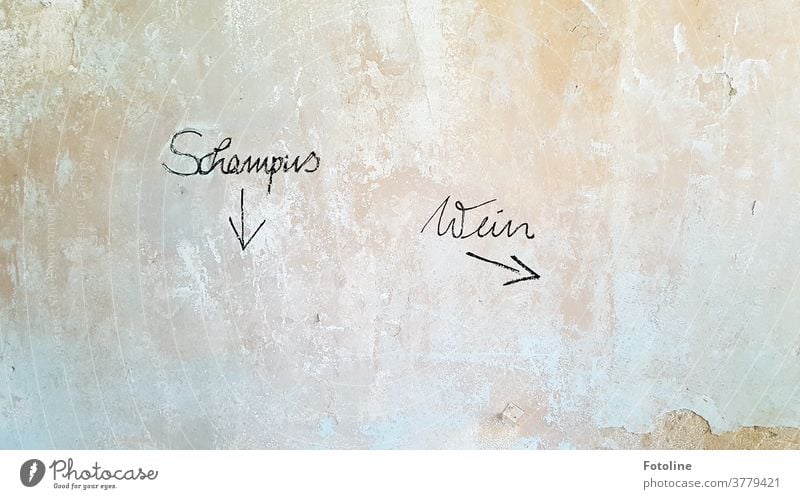 Schampus - Wein - oder Schriftzüge an einer alten verfallenen Wand verputzt Putz Wandputz Mauer lost places bröckeln Menschenleer Farbfoto Innenaufnahme Tag
