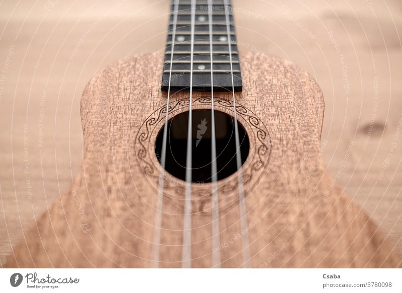 Braune Ukulele auf Holzgrund mit geringer Feldtiefe Instrument akustisch hölzern Musical Schnur braun Gitarre Musik Hintergrund Rosette hawaiianisch Objekt