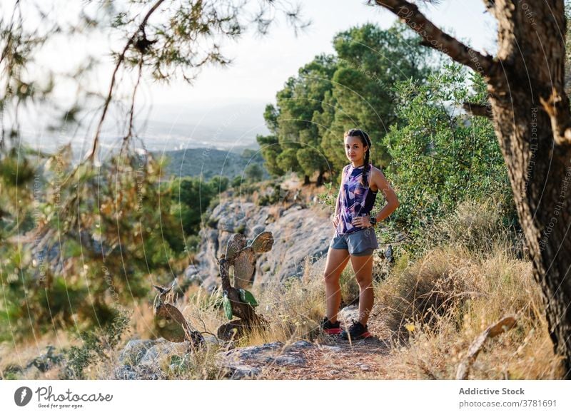 Sportliche Frau beim Ausruhen nach dem Training in den Bergen Wanderung Nachlauf Berge u. Gebirge Läufer Pause Trekking aktiv Wald Athlet jung Natur Fitness