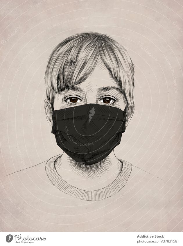 Niedlicher kleiner Junge in medizinischer Maske Mundschutz behüten Coronavirus Kind bezaubernd wenig verhindern Seuche Zeichnung Bild Bleistift