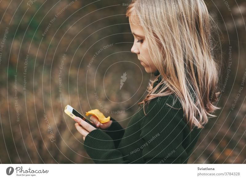 Blondes Teenagermädchen steht mit dem Telefon und schreibt im Park unter freiem Himmel eine Nachricht. jung klug Kind Langeweile blond verwenden schön Mädchen