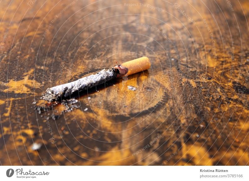 abgebrannte zigarette auf holztisch kippe zigarettenkippe ausgebrannt burnout fertig am ende verkohlt verkokelt verbrannt ausbrennen filter zigarettenfilter
