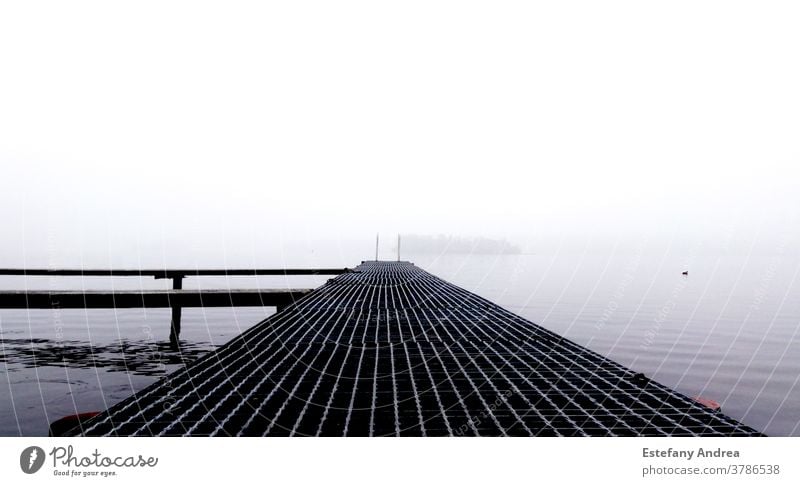 Weißer und nebliger Tag auf einem Dock Nebel Hafen Wasser See ruhig weiß Natur Kontrast Morgen Herbst Reflexion & Spiegelung Einsamkeit Windstille Landschaft