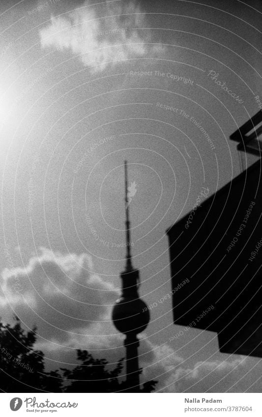 Fernsehturm leicht schräg und Gebäudeteil rechts analog Analogfotografie Wolken Blätter Himmel Außenaufnahme Berliner Fernsehturm Alexanderplatz Hauptstadt