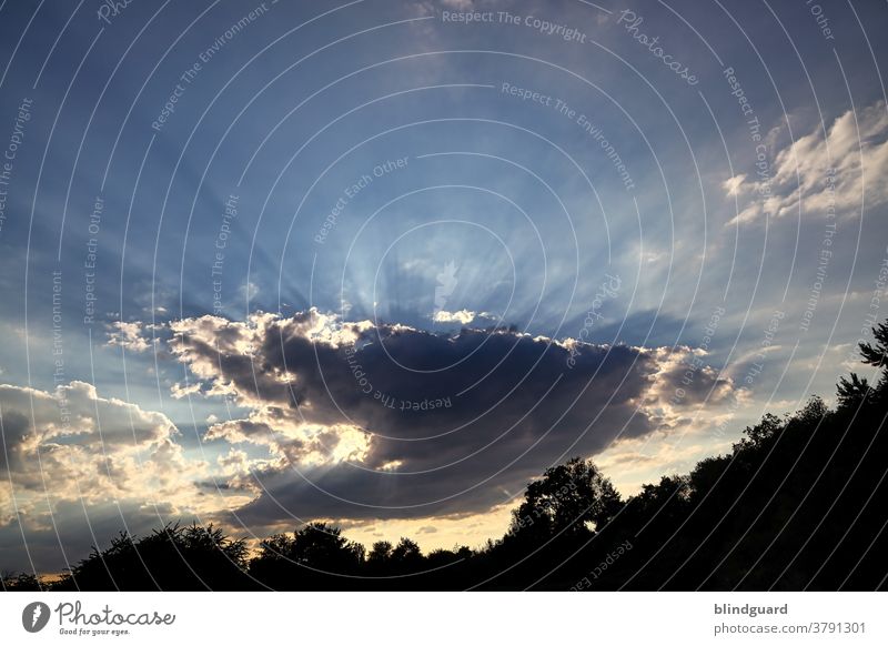 Es werde Licht Sonnenstrahlen Schatten Wolke Wolken Himmel Wetter Außenaufnahme Menschenleer Sonnenuntergang Schönes Wetter Umwelt Landschaft Abend