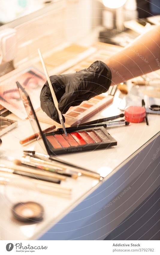 Crop Make-up Artist beim Auftragen von Kosmetikprodukten Künstler Gesicht visagiste bewerben Lippenstift Palette Produkt professionell Handschuh Latex behüten