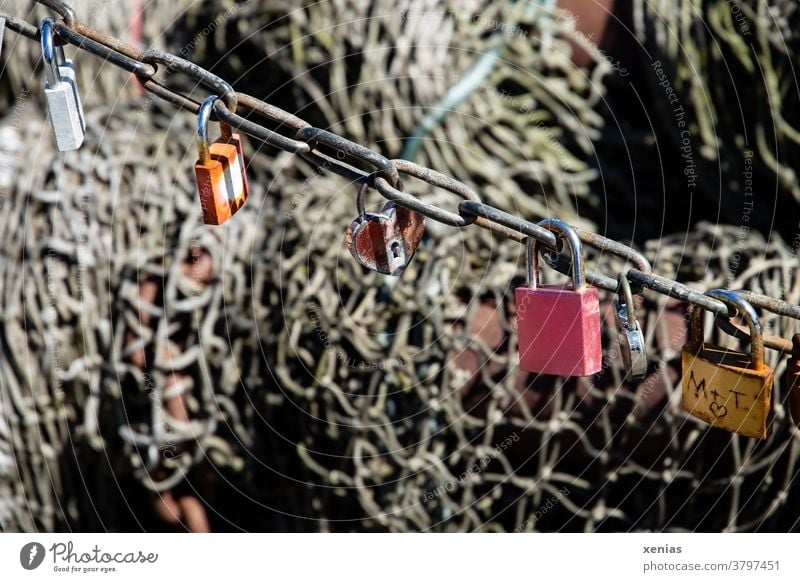 Sechs Liebes - Schlösser hängen an einer Kette vor einem Fischernetz Schloss Vorhängeschloss Verliebtheit Zusammensein Metall Gefühle Herz Rost Netz