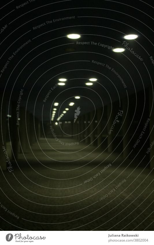 Tunnel in der Nacht Licht Brücke Unterführung Asphalt Stadt Einsamkeit Schatten dunkel Straße Architektur Wege & Pfade Beton Menschenleer Beleuchtung kalt