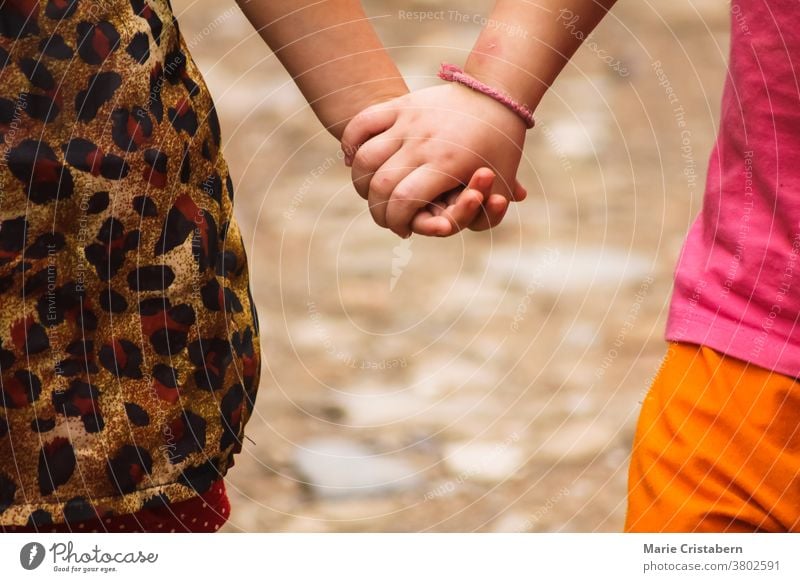 Nahaufnahme von Kindern, die Händchen halten Tag Kinderbetreuung Symbol Hand in Hand Freunde Freude Einheit Unschuld Sommerzeit Sicherheit schön Fröhlichkeit