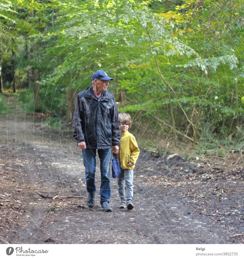 Opa und Enkel im Wald unterwegs Mensch Mann Senior Großvater Kind Junge Spaziergang Waldweg gemeinsam Außenaufnahme Zusammensein Familie & Verwandtschaft alt