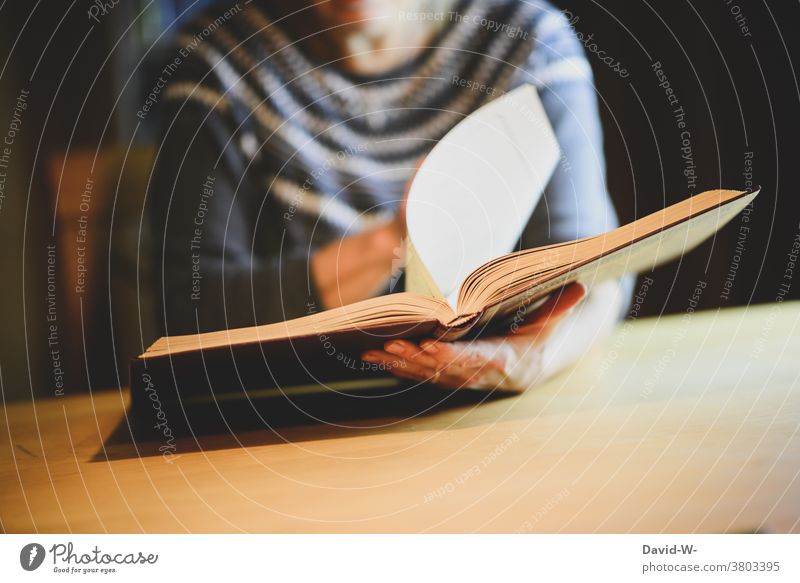 Frau blättert in einem Buch / Album Fotoalbum blättern Hand nachschlagen Buchseite lesen recherchieren Hände Wissen