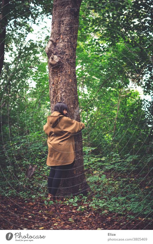 Eine junge Frau steht im Wald und umarmt einen Baum. Naturschutz und Umweltschutz. umarmen Naturliebe naturnah Öko Ruhe naturverbunden grün Herbst Baumstamm