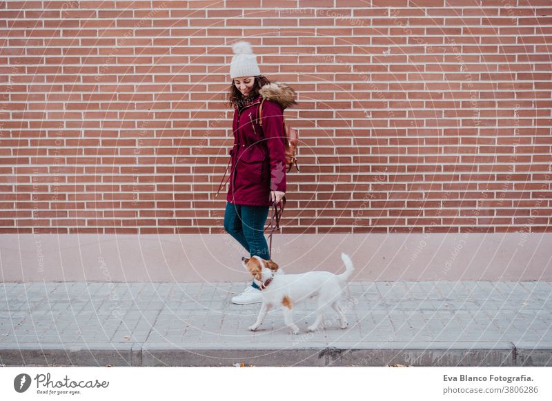 Frau in der Stadt beim Spaziergang mit ihrem entzückenden Jack-Russell-Hund. Lebensstil im Freien bezaubernd Herbst Backsteinwand Bulldogge Freizeitkleidung