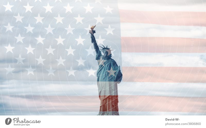 USA - Patriotismus /die Freiheitsstatue und Amerikanische Flagge wahrzeichen Patriotisch Stolz New York City