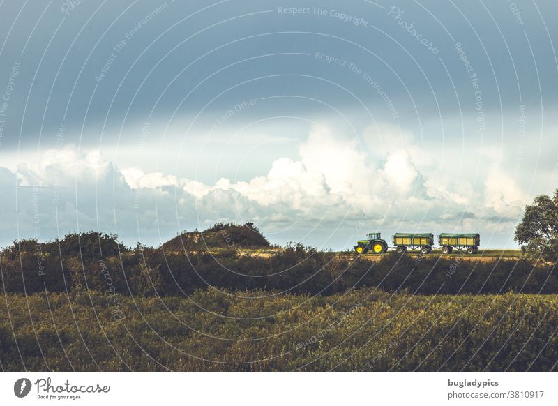 Ein Grün-gelber Traktor mit zwei Anhängern steht am Horizont auf einem Feld. Im Vordergrund sieht man Büsche im Hintergrund am Himmeln große Wolken Landschaft