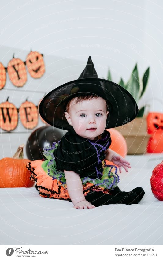 hübsches kleines Mädchen in Hexen-Halloween-Kostüm zu Hause, auf dem Bett sitzend mit Halloween-Dekoration, Lifestyle drinnen Tracht heimwärts im Innenbereich