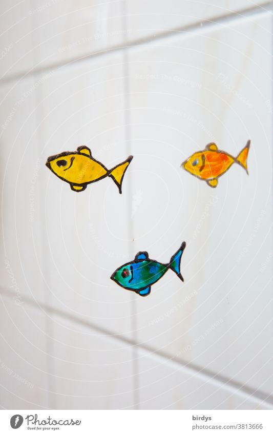kleine bunte Fische , aufgemalt auf einer Glaswand im Bad, weiße Fliesen im Hintergrund lustig positiv kreativ Dekoration schwimmen schwache Tiefenschärfe