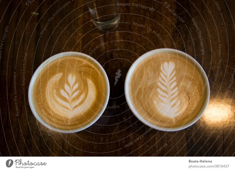 Kaffeekunst - zwei Schalen Milchkaffee mit Pflanzenmotiven Heißgetränk Farbfoto Kaffeetrinken Bol Herbst Verzierung Muster Motiv café au lait