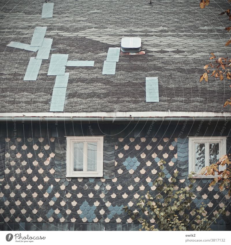 Improvisation Lausitz Oberland Sachsen Ostdeutschland Haus alt volkstümlich Muster Strukturen & Formen Dach Fassade Fenster Dachfenster reapariert saniert