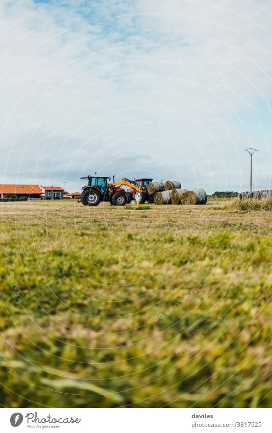 Roter Traktor, der während der Erntezeit einen Anhänger mit Strohballen belädt Erntekampagne Paket Grasland Landschaft Fahrzeug Maschine vertikal Haufen