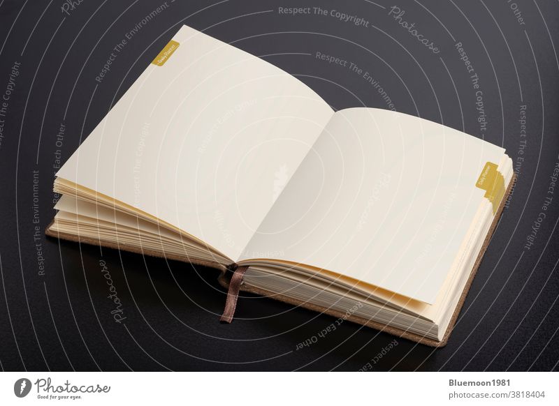 Geöffnetes Tagesplaner-Notizbuch mit leeren Seiten intelligente Objekte psd-Schichten editierbar ersetzen. Wandel & Veränderung Attrappe blanko Vorlage Notebook