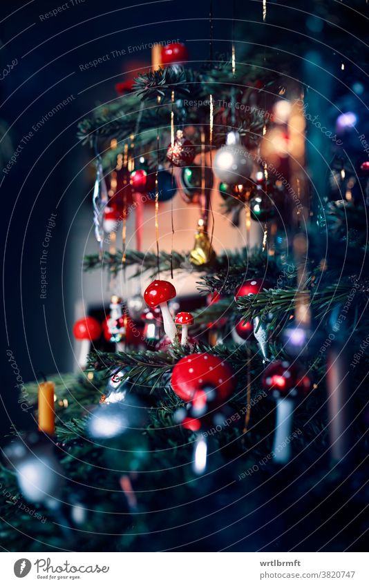 Detail eines Weihnachtsbaums Weihnachten Ornament Dekoration & Verzierung Glitter Feiertag Baum Dezember Kerze Glück farbenfroh Lametta Urlaub Licht Geschenk