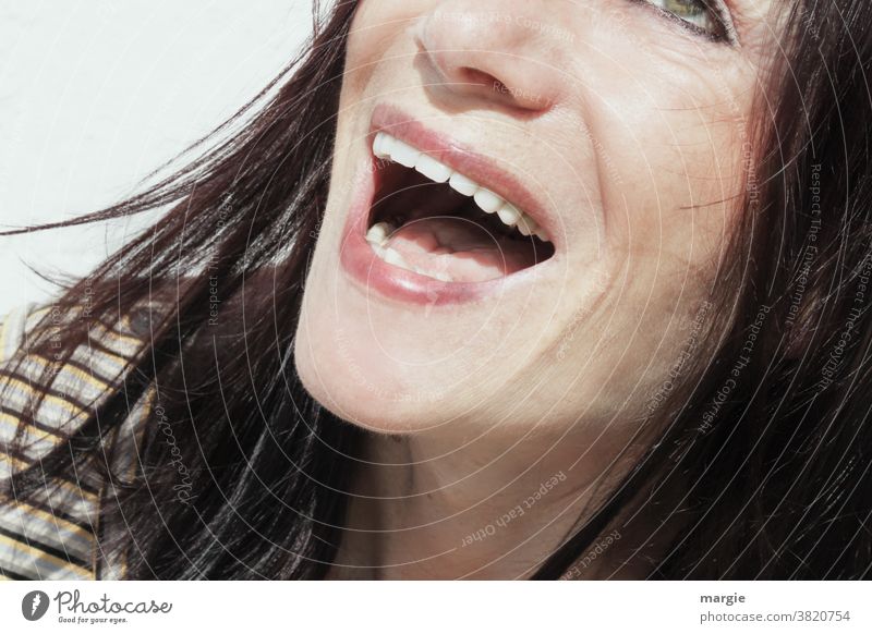 Das Gesicht einer Frau mit lachenden Mund Junge Frau feminin Mensch Außenaufnahme Erwachsene dunkelhaarig Wange face zufrieden genießen Licht Kopf Tag Farbfoto