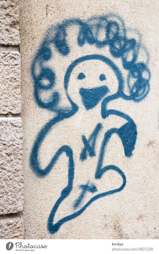 lustiges Gespenst, Grafitti auf einer Hauswand, formatfüllend lachend authentisch Figur positiv Blick in die Kamera Fröhlichkeit 1 Lebensfreude Lächeln frech