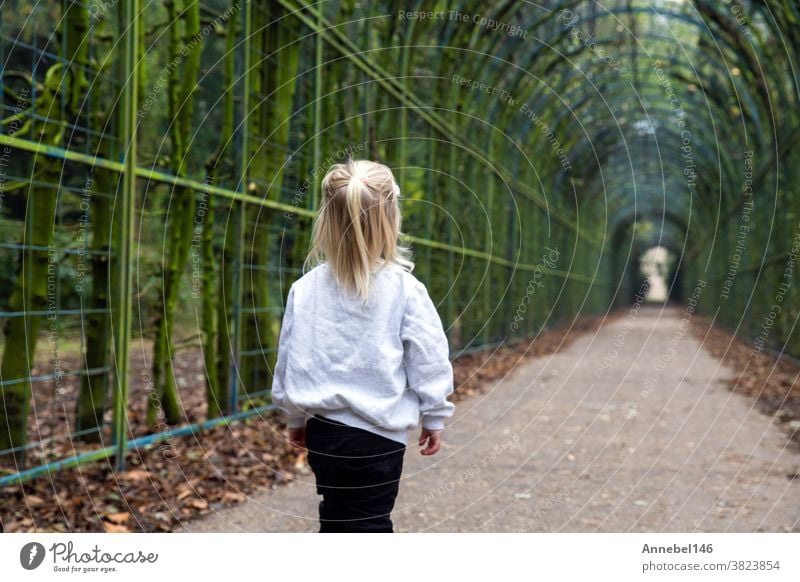kleines süßes blondes Kind geht allein in einer Tunnelstraße in einem Park, schöner grüner Wald mit grauer Kapuze wenig Spaziergang niedlich Kindheit jung