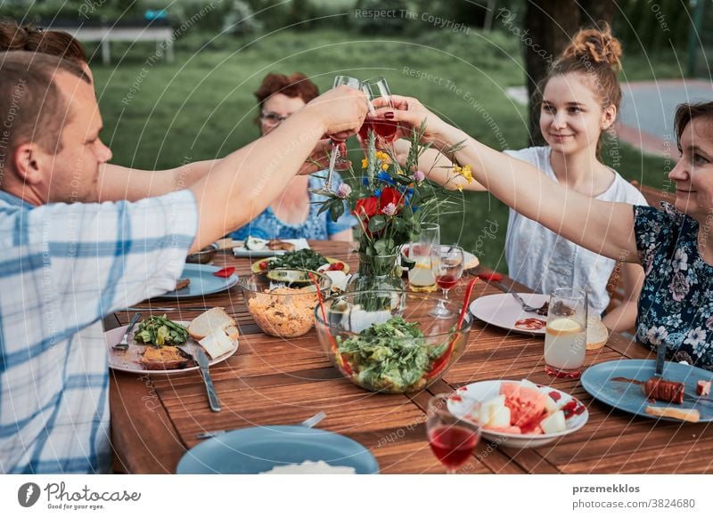 Familie macht Toast während des Sommerpicknicks im Freien beim Abendessen im Hausgarten heimwärts Festessen habend Picknick Lebensmittel Mann Zusammensein Frau
