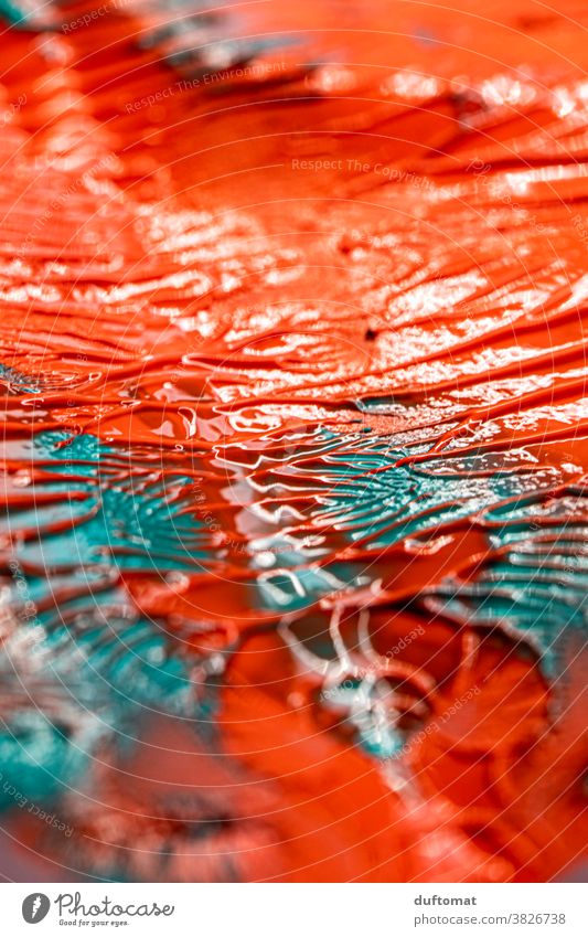 Nahaufnahme von Acrylfarbe in Orange und Türkies Kunst Farben Muster malen Kreis Hintergrundbild Handarbeit Freizeit & Hobby Innenaufnahme Gemälde Papier