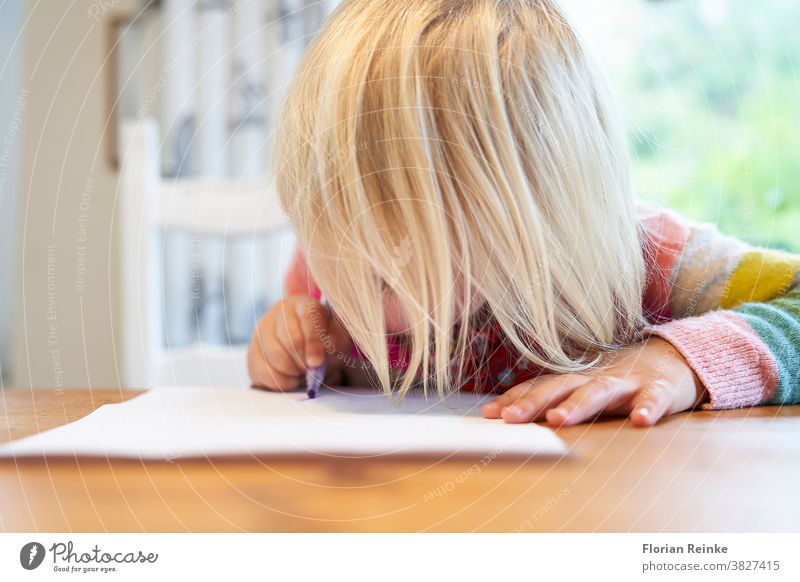 Ein 4-jähriges blondes Mädchen mit einem bunt gestreiften Pullover sitzt an einem Holztisch und zeichnet mit einem violetten Bleistift auf ein weißes Blatt Papier
