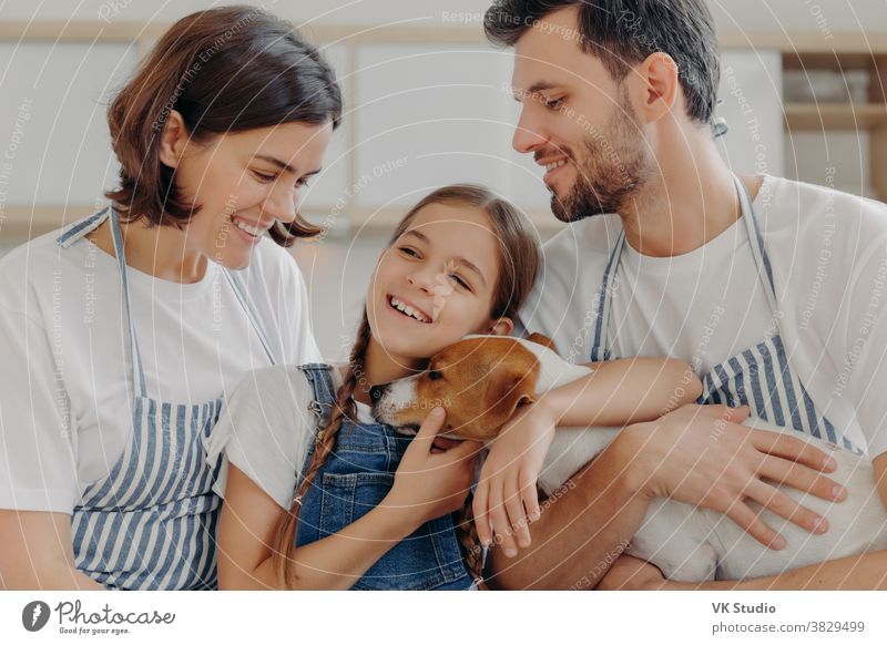 Eine glückliche, nette Familie lächelt und drückt aufrichtige Emotionen aus, genießt die gemeinsame Zeit in einem gemütlichen Zuhause. Lächelndes kleines Kind froh, dass Eltern ihr neues Haustier, den knuddelnden Jack Russell Terrier, mit Liebe und Fürsorge gekauft haben.