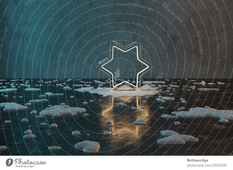 goldene Sternform mit schneebedecktem Licht vor Grunge-Wandhintergrund mit Reflexionsboden Textur Beton 3d abstrakt Hintergrund blau hell Feier Weihnachten