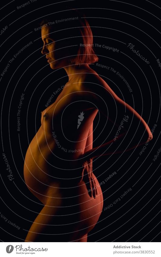 Nackte Frau zeigt Figur und Bauch während der Schwangerschaft nackt dunkel Hände an der Taille vorwegnehmen itim erotisch Form Mutterschaft schwanger pränatal