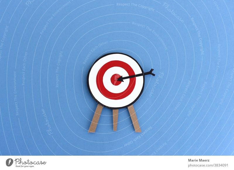 Mitten ins Ziel / Zielscheibe mit schwarzem Pfeil der in der Mitte steckt treffen Treffer perfekt Genauigkeit Erfolg Business Konzept Sport zielen