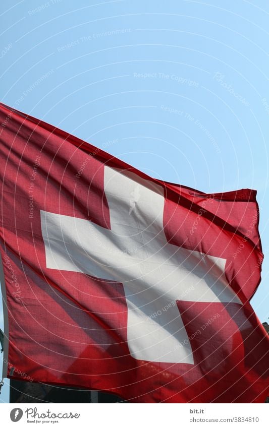 Meine Nachbarschaften l in der Schweiz... Schweizer Schweizerflagge Flagge Fahne rot Patriotismus Nationalflagge Stolz wehen Politik & Staat Zeichen Himmel Wind