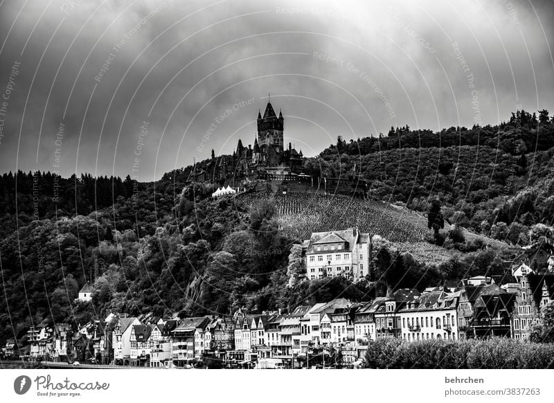 ein tag in schwarz weiß Wahrzeichen Häuser Burg oder Schloss reichsburg Ferien & Urlaub & Reisen Stadt Wald Cochem Sehenswürdigkeit Natur Außenaufnahme Himmel