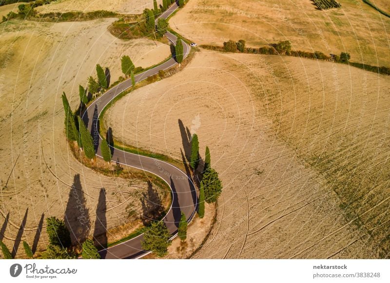 Landschaftlich reizvolle kurvenreiche Straße und Getreidefelder in der Toskana Italien Ackerbau Feld ländlich Ackerland geschlängelt Pienza