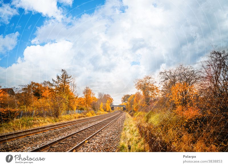Eisenbahnschienen durch eine farbenfrohe Herbstlandschaft Straße Ruhe Weg niemand Spuren Kurve Kies malerisch Himmel im Freien Hintergrund Sonnenuntergang
