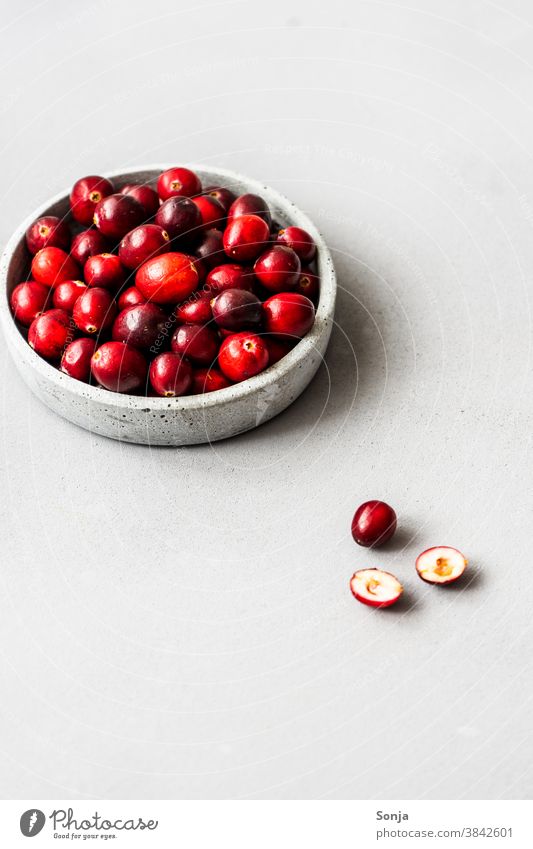 Rohe Cranberries in einer Schüssel auf einem grauen Hintergrund. cranberrie isoliert Hintergrund neutral Obst frisch natürlich lecker Gesundheit