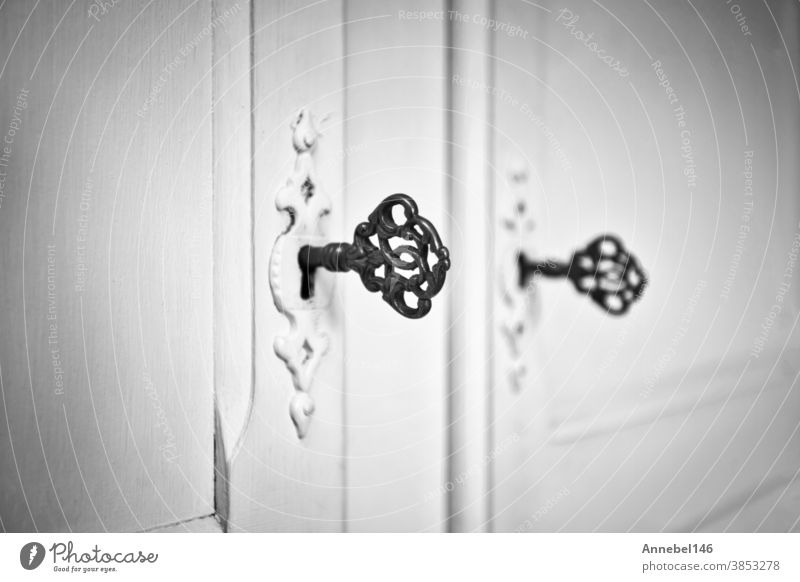 Alte Vintage-Türen mit antiken Skelettschlüsseln im Schloss,  Retro-Hintergrundtextur schwarz-weiß - ein lizenzfreies Stock Foto von  Photocase