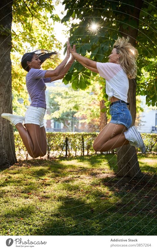 Sorglose junge Freundinnen springen im Sommer Park Spaß haben Klatschen high five Glück heiter Zusammensein Teenager Frauen rassenübergreifend multiethnisch