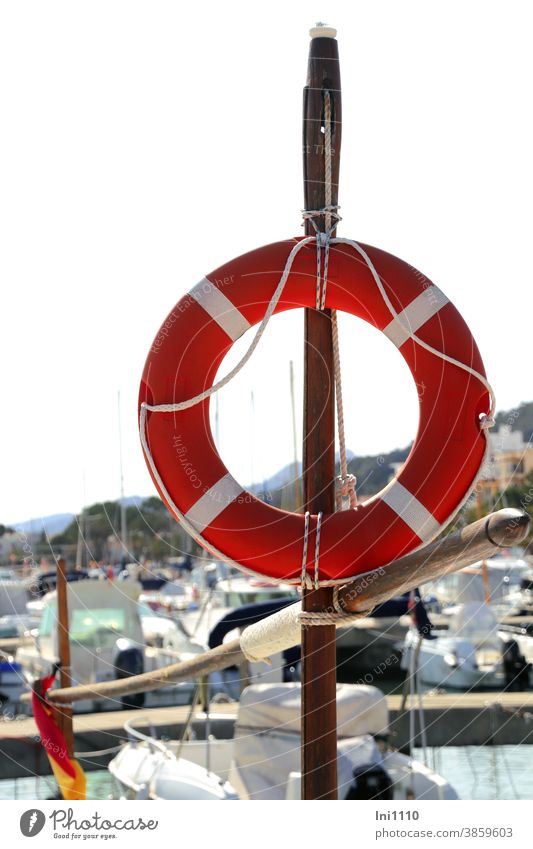 Einsatzbereit - rot weiß neutraler Rettungsring ist an einer Holzstange befestigt Kaimauer Hafen Unglück Hilfe Schutz Sicherheit Erste Hilfe Wasser Bootshafen
