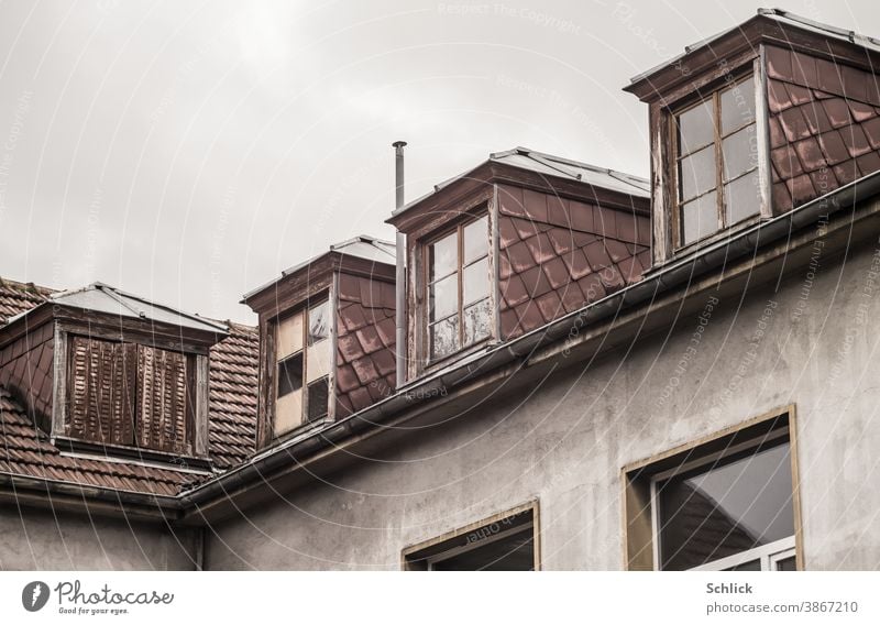 Dachgauben mit Asbestfaserzementplatten eines alten Schulgebäudes marode Holzfenster Fassadenplatten Architektur Fenster Haus Gebäude Wand Außenaufnahme Mauer